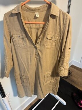 Old Navy khaki tan linen-blend shirt dress adjustable roll-tab sleeves size Med